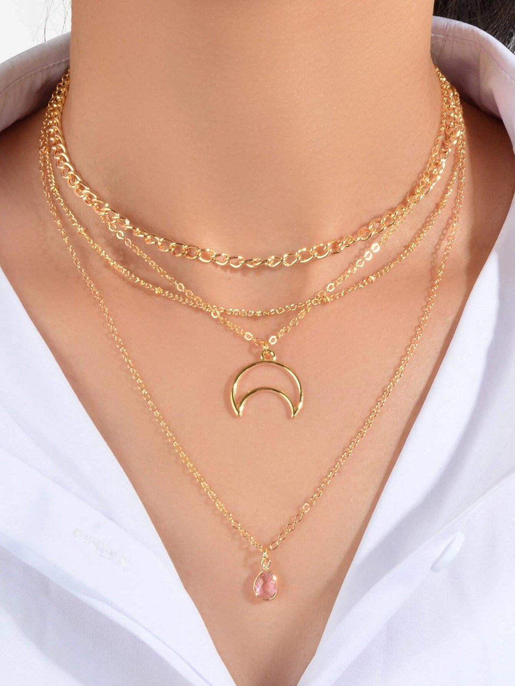Multi-layer Gold Tone Chain Moon Water Drop Pendant Necklace Girls Party Jewelry