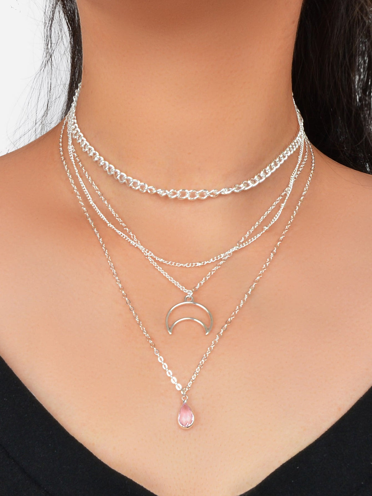 Multi-layer Gold Tone Chain Moon Water Drop Pendant Necklace Girls Party Jewelry