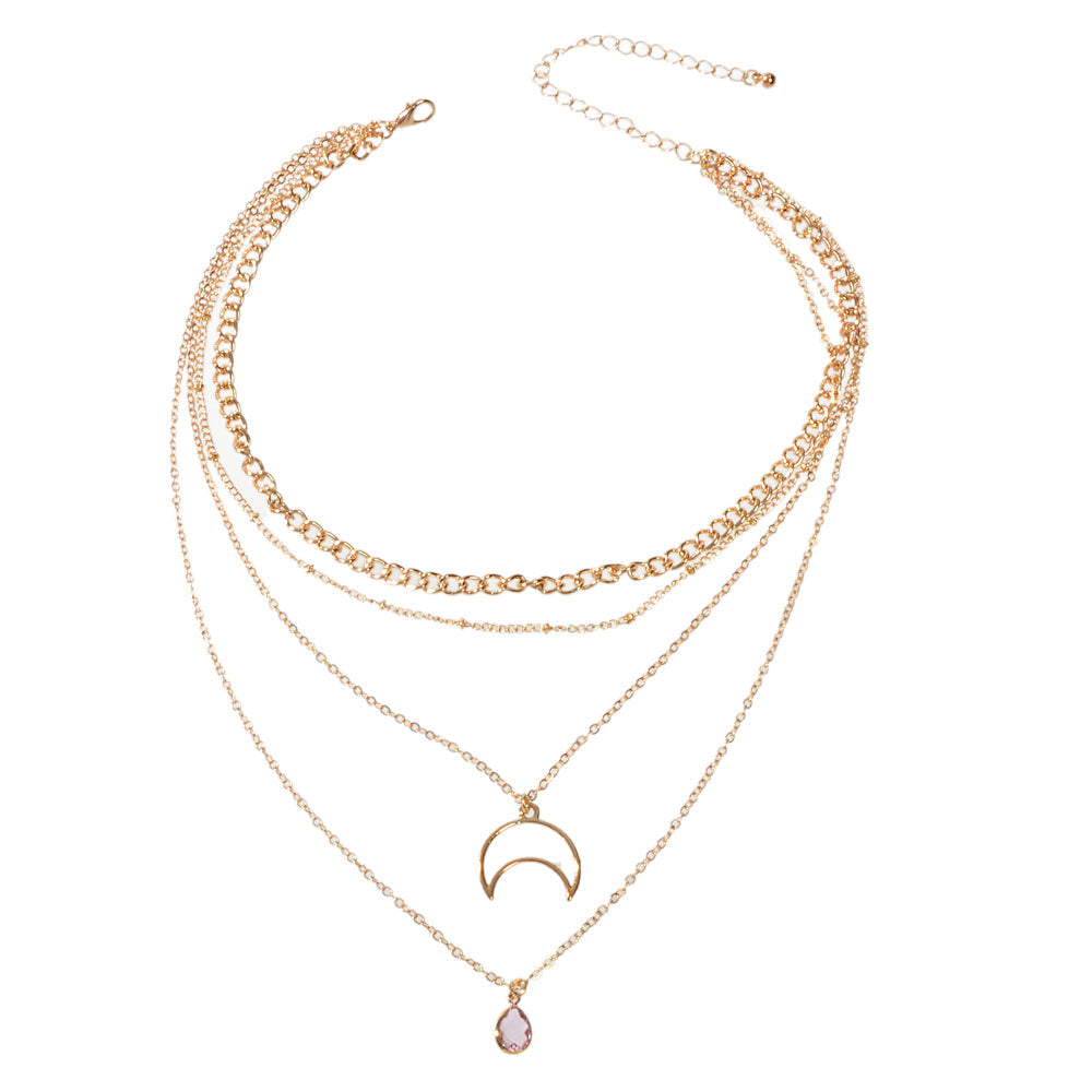 Multi-layer Gold Tone Chain Moon Water Drop Pendant Necklace Girls Party Jewelry